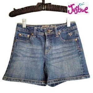 Justice Girls Denim Shorts Midi Blue Jean Knit Waist Denim Shorts Size 12 slim